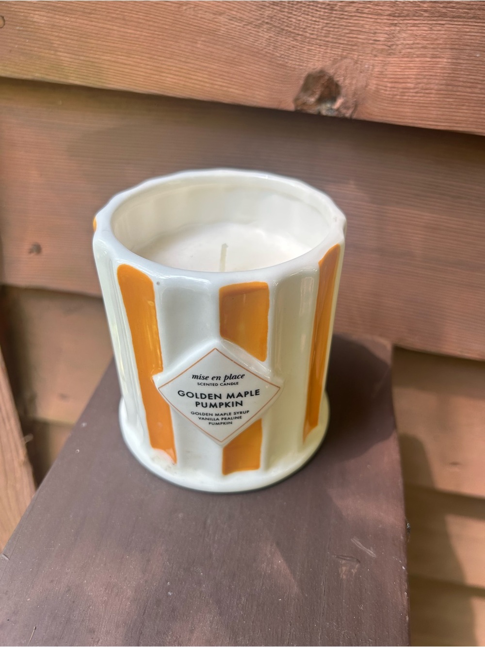 Anthropologie Cream Ceramic Candle with Pumpkin-Orange Panels